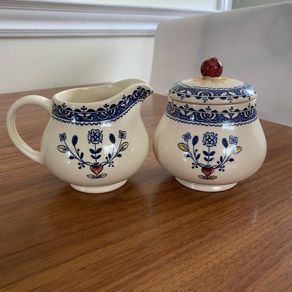 Cream and Blue Ceramic vintage with Floral Patterns